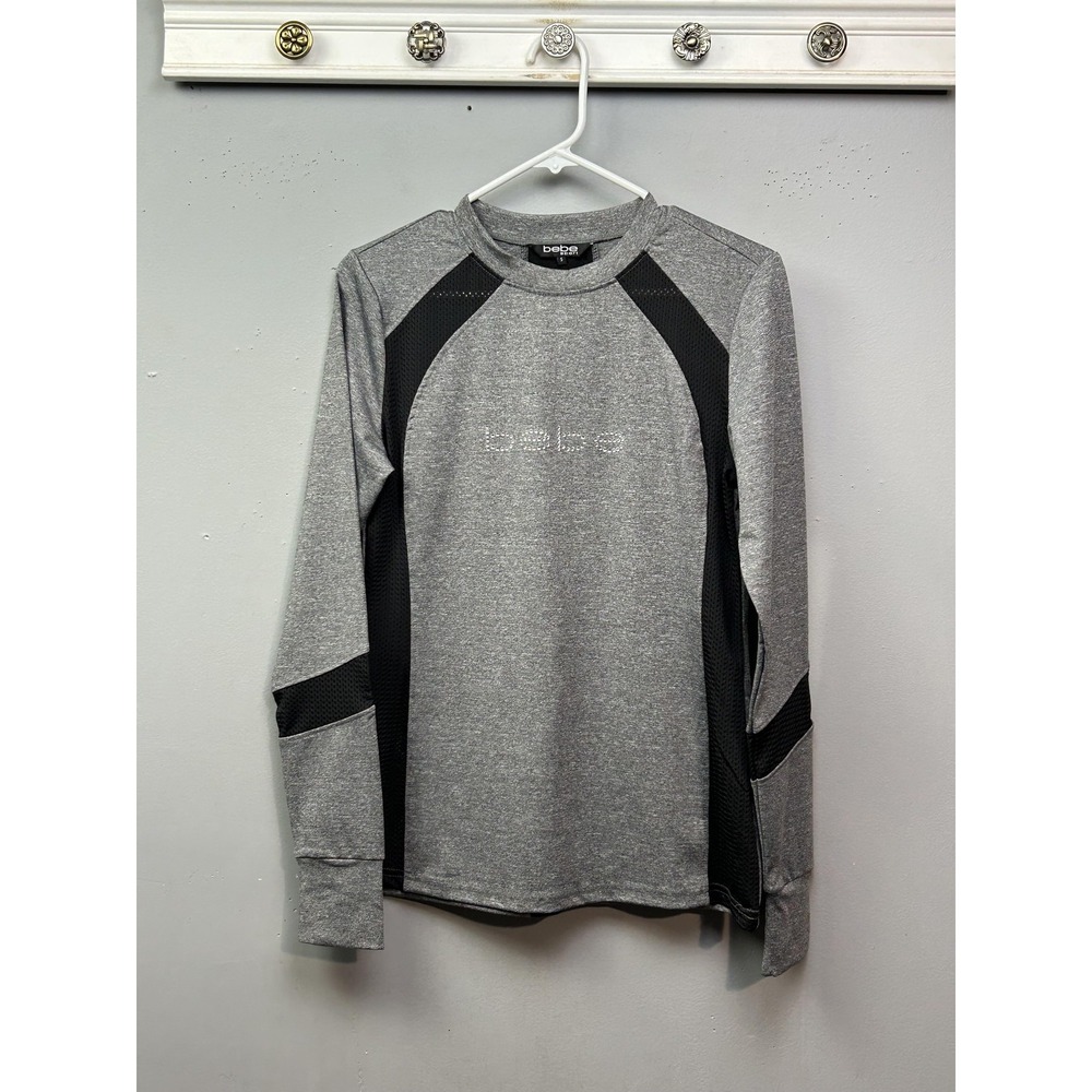 Bebe Sport Shirt Womens Small Gray Black Long Sleeve Athletic Mesh Top Logo